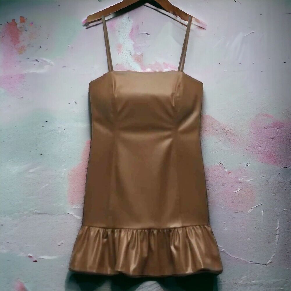 Zara Dress WMNS S Brown Faux Leather Bodycon Mini Ruffle Party Liquid Sexy‎ Club